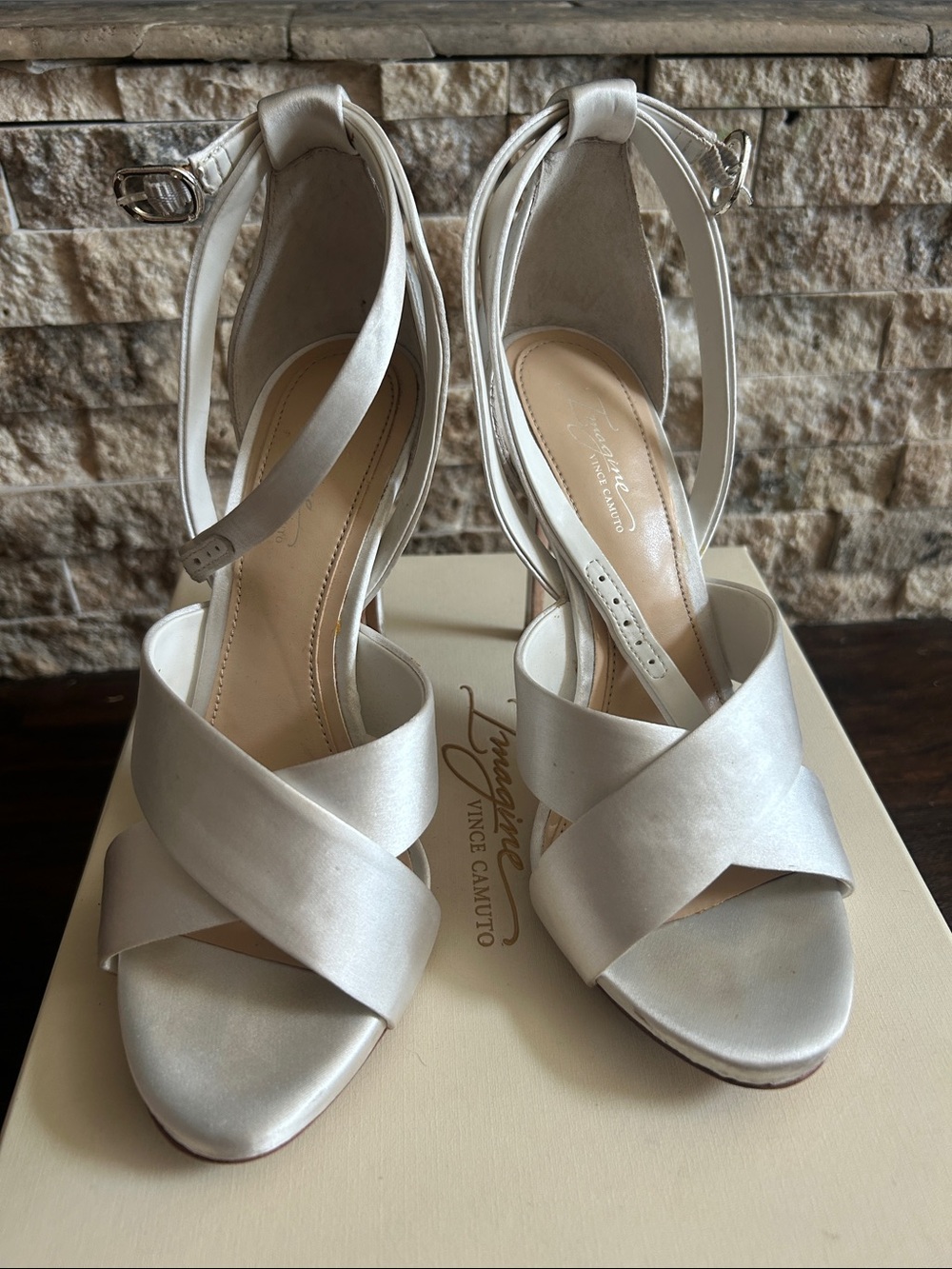 Vince Camuto Ivory Satin Crisscross Ankle-Strap Heels